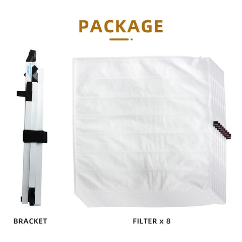 Package contents showing bracket and 8 filters for 20x20x1 Air Filter For Furnace And AC MERV 13 Electrostatic Nanofiber