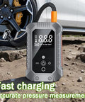 Portable Wireless Tire Inflator With Digital Pressure Gauge No Sweat Air Compressor For Cars Motorcycles Bikes And Balls Road Trip Ready Quick Fix on rugged terrain with digital display.