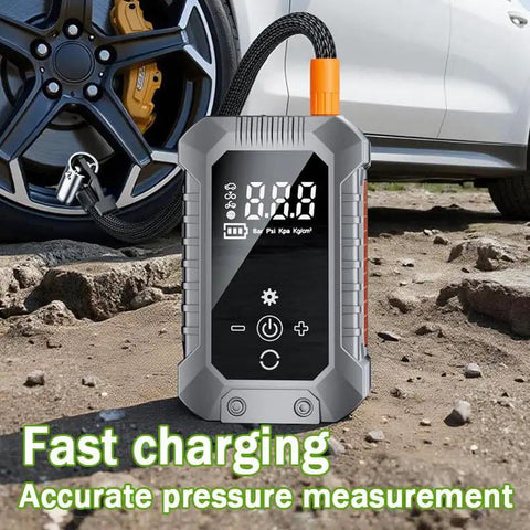 Portable Wireless Tire Inflator With Digital Pressure Gauge No Sweat Air Compressor For Cars Motorcycles Bikes And Balls Road Trip Ready Quick Fix on rugged terrain with digital display.