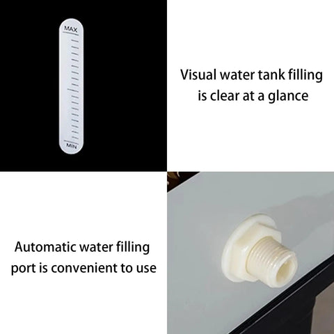 Portable Evaporative Air Conditioner Cooler With Ice Packs And 3 Speeds Smart Temp Sensor showing water tank fill indicator and auto filling port.