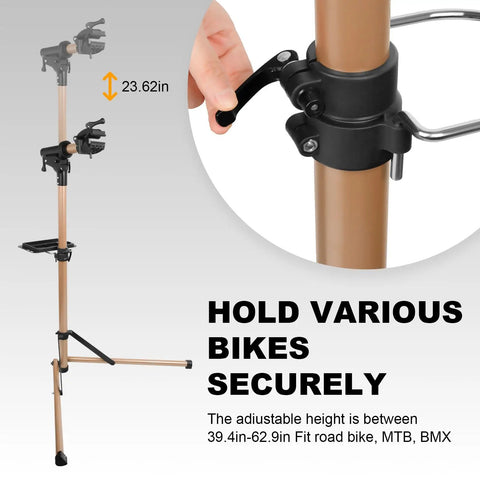 66 Lbs Bike Repair Stand With Pro Grade Clamp showing height adjustment and secure bike hold mechanism.