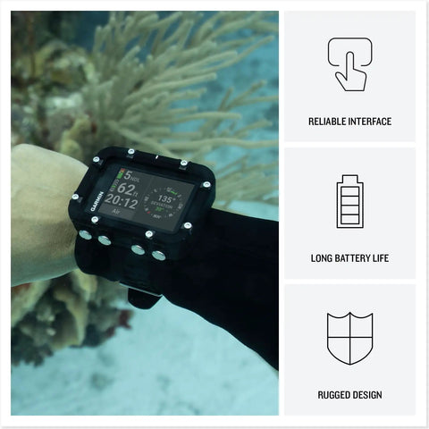 Diver wearing Descent X30 Dive Computer Go-To Rugged Buddy with Surface GPS, showing 2.4 inch color display underwater.
