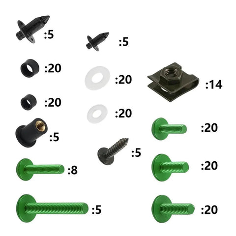 Panel Nuts 190Pcs Motorcycle Fairing Bolt Kit With Screws Washers And Nuts For GSR750 800MT MT03 Body Replacement Green Must Have Heavy Duty Stainless Steel Hardware For Fairings And Body Panels, assorted green and black fasteners