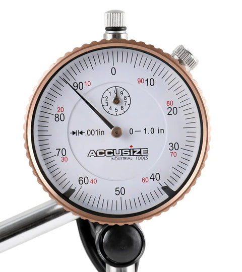 Close-up of 0 to 1 inch dial indicator with 0.001 inch resolution, part of Heavy Duty 110 lb Magnetic Base With Fine Adjustment kit
