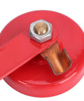 Heavy Duty 2 Inch Magnetic Welder Locator And Grounder Electrode Holder With Shock Resistant Plastic Shell For Easy Access Daily Workshop Welding Jobs, red magnet base with a copper electrode holder.