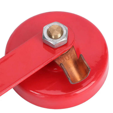 Heavy Duty 2 Inch Magnetic Welder Locator And Grounder Electrode Holder With Shock Resistant Plastic Shell For Easy Access Daily Workshop Welding Jobs, red magnet base with a copper electrode holder.