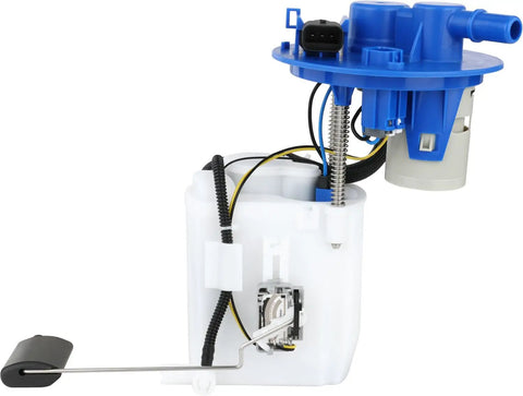 OE Level Fuel Pump Module Assembly With Precision Float Gauge For Plug And Play Installation, featuring a blue top, plastic body, and wiring.