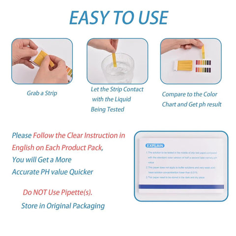 Instructions for using Full Range pH Test Strips Kit 1 To 14 With 480 Pieces In 6 Pack with images showing steps for testing.