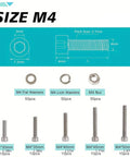 M4 Hex Socket Head Cap Screws Nuts And Washers Kit In 304 Stainless Steel With Assorted Sizes, Built To Last Heavy Duty Fastener Set For DIY Projects, Electronics, Automotive, And Machinery. Size chart with M4 screws, nuts, and washers