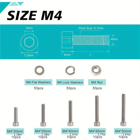 M4 Hex Socket Head Cap Screws Nuts And Washers Kit In 304 Stainless Steel With Assorted Sizes, Built To Last Heavy Duty Fastener Set For DIY Projects, Electronics, Automotive, And Machinery. Size chart with M4 screws, nuts, and washers