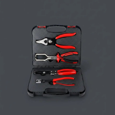 Top Notch Hose Clamp Pliers Set For Car Repair Pros, Heavy Duty Alloy Clamp Remover With Grip Handles And Carry Bag For Home Garage And Auto Work, Totally Cool Tool Kit. Four red-handled pliers in case