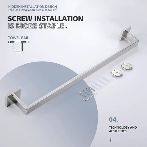 24 Inch Single Towel Bar Wall Mounted In Polished Chrome, SUS304 Stainless Steel Bathroom And Kitchen Towel Holder, Corrosion Resistant With 23 Inch Usable Length displayed with screws and wall mounts.