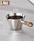2 Piece Espresso Cup Set With Handle For Barista Level Pouring, 3.4 Oz Stainless Steel Cups With Dual V Shaped Spouts, Silver, Side View