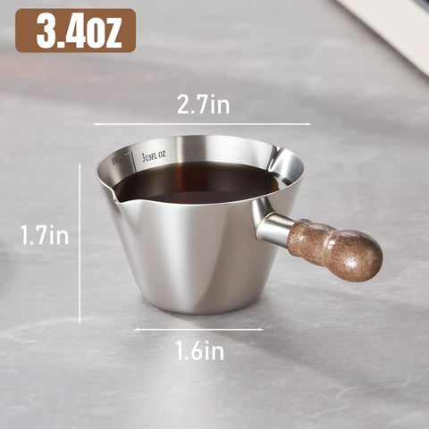 2 Piece Espresso Cup Set With Handle For Barista Level Pouring, 3.4 Oz Stainless Steel Cups With Dual V Shaped Spouts, Silver, Side View