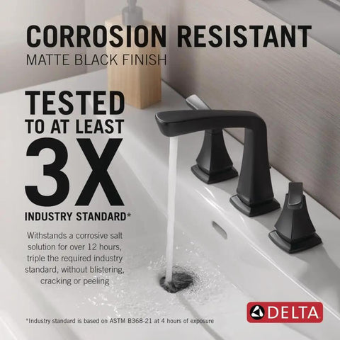Vesna Chrome 8 Inch Widespread Bathroom Faucet For 3 Hole Vanity Sink With Push Pop Drain Assembly Chrome Finish No Fuss Installation Lifetime Limited Warranty installed on white sink.