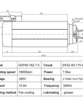Top Shelf Air Cooled CNC Spindle Motor 7.5KW ER32 Collet 18000RPM 220V High Speed Router Mill Upgrade technical drawing dimensions.