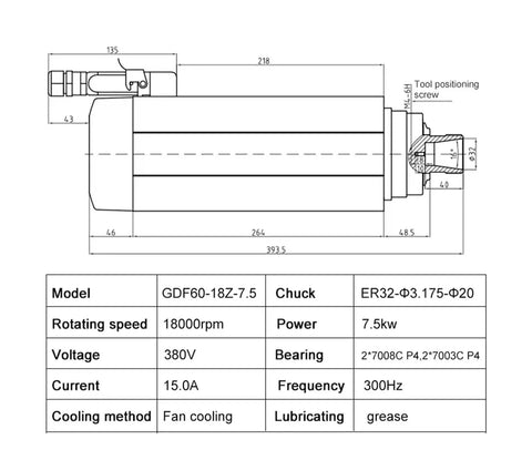 Top Shelf Air Cooled CNC Spindle Motor 7.5KW ER32 Collet 18000RPM 220V High Speed Router Mill Upgrade technical drawing dimensions.