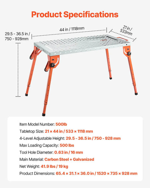Solid Gear Foldable Welding Table 44 X 21 Inch Carbon Steel Workbench showing specifications including adjustable height and load capacity.