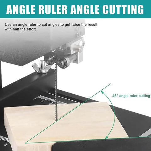 Angle ruler demonstrating cutting with Hardcore Mini Band Saw Featuring Knockout 800W Pure Copper Motor 70Mm Cut Height 90Mm Throat With Tilted Metal Table For Smooth Wood And Foam Projects Right In Your Shop.