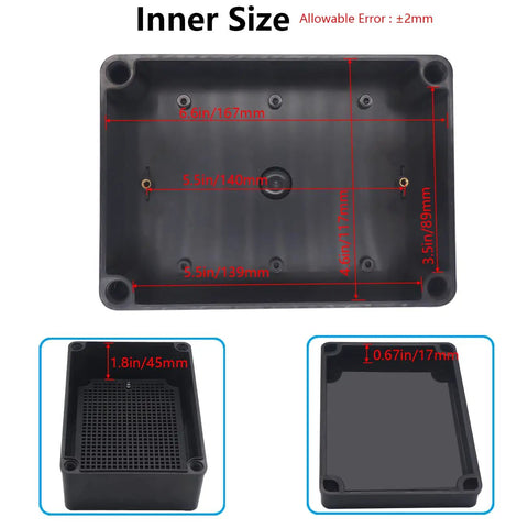 Badass Abs Black Junction Box Featuring Hella Waterproof IP67 Rating And Rock Solid Mounting Plate For Outdoor Arduino Builds And Electronics Housing Spanning 6 9 X 4 9 X 3 Inches Overall with inner dimensions labeled.
