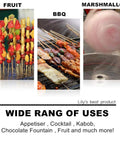 The Real Deal Natural Bamboo Skewers For Backyard Barbecue And Roasting Marshmallows 4mm Thick Solid Round Shape used for fruit, BBQ, and marshmallows.