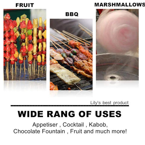 The Real Deal Natural Bamboo Skewers For Backyard Barbecue And Roasting Marshmallows 4mm Thick Solid Round Shape used for fruit, BBQ, and marshmallows.