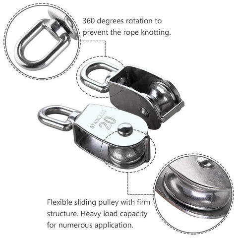 2 Pcs 304 Stainless Steel M20 Silver Single Pulley Block For Wire Rope Hanging And Towing Wheel 20mm Wheel Diameter