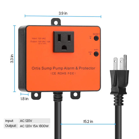 WiFi Sump Pump Monitor And Alarm With Real Time Status Alerts, Remote Notifications, Automatic Power Cutoff shown in orange