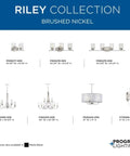 Riley Collection lighting fixtures in brushed nickel, including 5 light clear glass traditional chandelier for modern vibe and illumination.