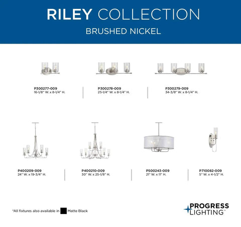 Riley Collection lighting fixtures in brushed nickel, including 5 light clear glass traditional chandelier for modern vibe and illumination.