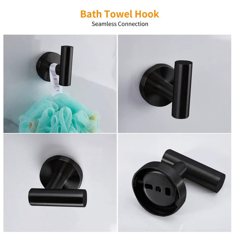 Matte Black 8 Piece All In One Bathroom Hardware Set With 24 Inch Towel Bar Towel Ring Toilet Paper Holder And Robe Hook SUS304 Stainless Steel Bath Accessory Kit For A Sleek Modern Look And Easy Install showing a close-up of the matte black robe hook against a white background, demonstrating seamless connection.
