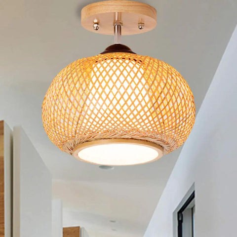 Bamboo Cage Ceiling Light in Wood Finish, Rural Style Pendant for Dining Room and Living Areas, Semi Flush Mount Fixture