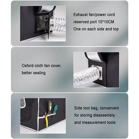 Vented Resin 3D Printer Enclosure With LED Light And Vent Kit showing exhaust fan ports, Oxford cloth cover, and side tool bag.