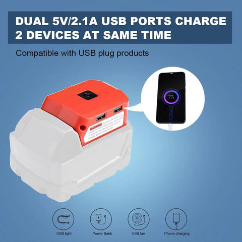 Battery Converter For Milwaukee 18V Batteries With USB Charger, DC Port And 3W LED Work Light, Dual USB Output in use.