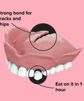 Zinc Free Denture Repair Kit For At Home Use DIY Friendly With Complete Repair Material And Tools Included For Easy Temporary Dental Appliance Fixes That Holds Strong Until A Professional Repair Can Be Done product illustration showing strong bond for cracks and chips.