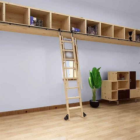 Rolling Library Ladder Rail Kit With Sliding Hardware For Home, Loft, Garage And Closet, Black Round Tube Track System installed