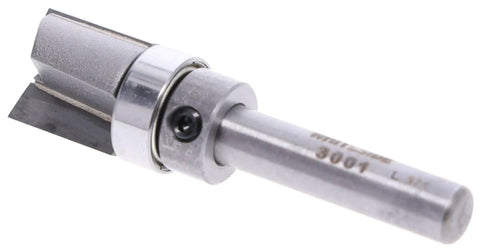 Carbide Tipped Template Router Bit With Ball Bearing The Go To Tool For Template Routing And Flush Cuts Half Inch Cutting Diameter And Length Quarter Inch Shank Two Inch Overall Length Compatible With Quarter Inch Collets. Close-up view.