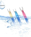 Pro High Grade Heavy Duty Heat Shrink Fork Terminals And Spade Crimp Connectors With Knockout Tough Sealed Insulation submerged in water.