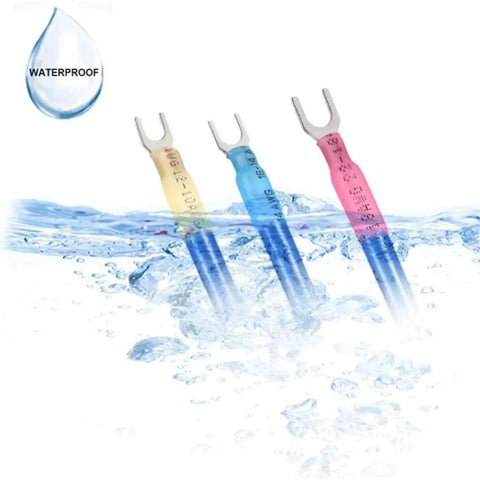 Pro High Grade Heavy Duty Heat Shrink Fork Terminals And Spade Crimp Connectors With Knockout Tough Sealed Insulation submerged in water.