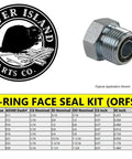 155 Piece O Ring Kit For Face ORFS Fittings With 8 Common Sizes Buna N 90 Durometer SAE Oil And Weather Resistant NBR O Rings Built Tough With Heat Resistance Up To 212F Intermittent Up To 250F, shown with fitting and specification table.