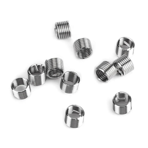 Complete 30 Piece Thread Repair Kit With Stainless Steel Inserts And Pro Grade Installation Tools For Auto And Engine Restoration, Fix Damaged Threads In Steel Cast Iron And Aluminum, Includes Tap Drill Bit Wrench And More. stainless steel thread inserts shown on white