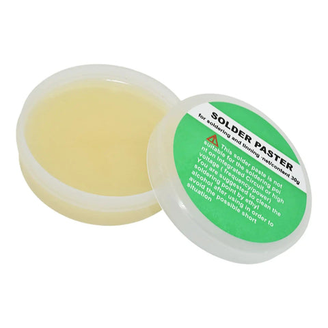 Pro Grade Soldering Paste And Cream For Electronics Repairs PCB And LED Soldering in open 30g container with label.