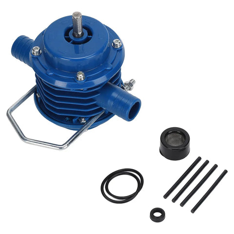 Mini Self Priming Drill Pump Hooks Up To Your Electric Drill To Shift Water Like A Champ During Aquarium Maintenance Sink Drainage Or Flood Cleanup While Featuring Thermal Overload Safety, featuring blue durable pump with hoses and accessories.