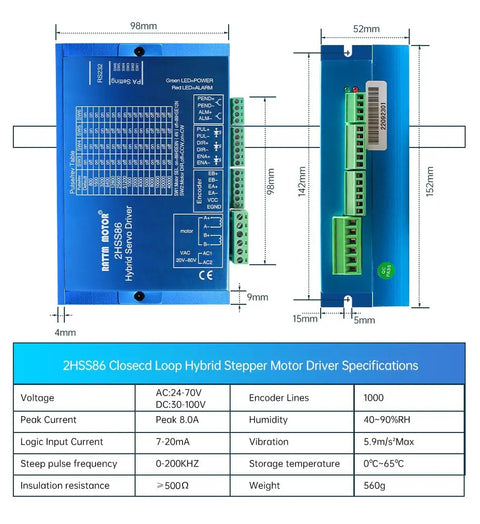 2HSS86 servo driver specifications diagram with dimensions, voltage, and other technical details displayed on blue background.