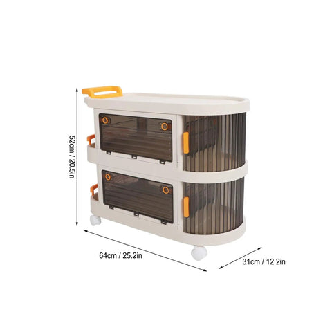 Smooth Rollin Storage Trolley With Four Tier Utility Cart And Covered Plastic Storage Bins; two-tier design with clear bins for organization.