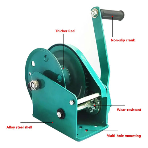 Heavy Duty Hand Winch 2400 Lb Capacity with bi-directional ratchet lock, alloy steel construction, featuring thicker reel