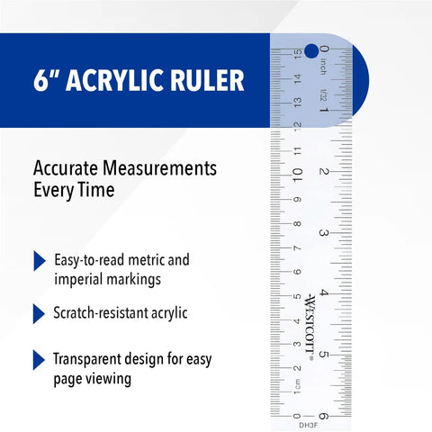Crystal Clear Acrylic Ruler 6 Inch Beveled Edge With Easy To Read Markings and transparent design for page viewing