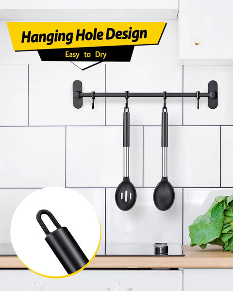 Two Pack Large Silicone Cooking Spoons Nonstick Basting Utensils Heat Resistant For Mixing Serving Draining And Stirring BPA Free Safe Non Scratch Go To Kitchen Tools For Nonstick Pans Built To Last And Easy To Clean hanging on black rack