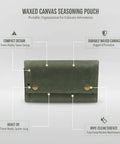 Waxed Canvas Spice Roll Organizer For Camping And Travel, Portable Seasoning Pouch in dark green with secure snap closure.