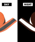 Day and night view of See And Be Seen High Visibility Reflective Tape Strip 2 Inch By 66 Foot Sew On Orange for clothing and gear.